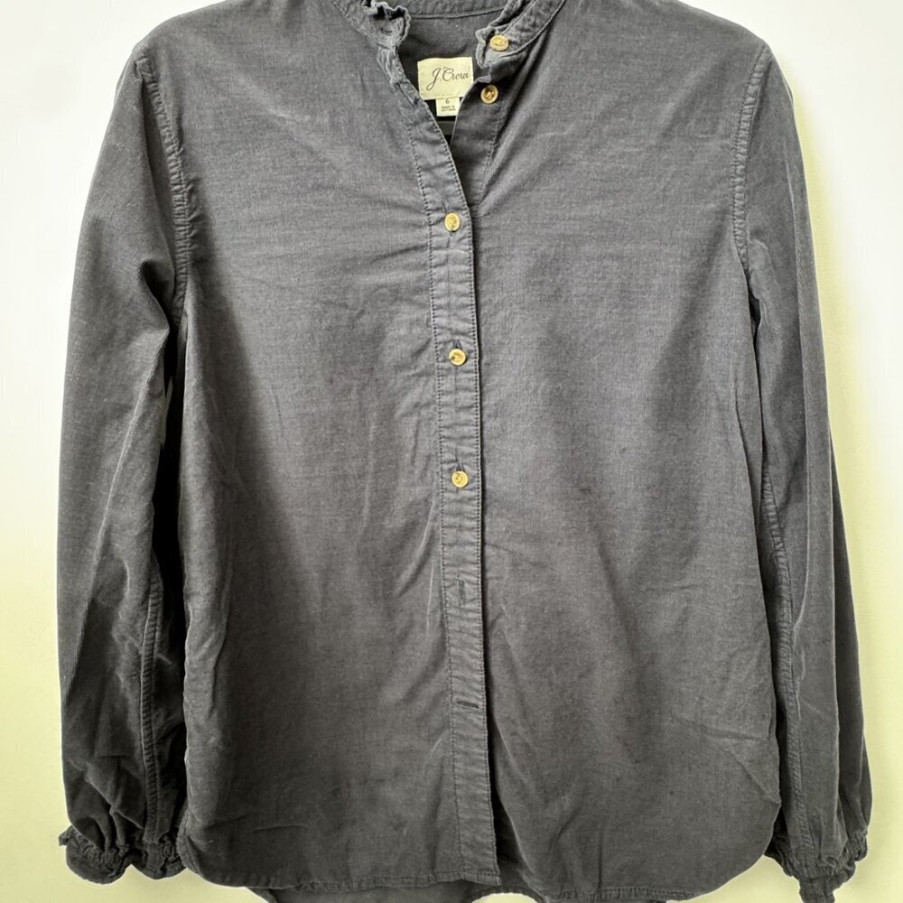 J.Crew 100% Cotton Size 6 J. Crew Blue Cotton Button-Up Shirt with Ruffle Collar